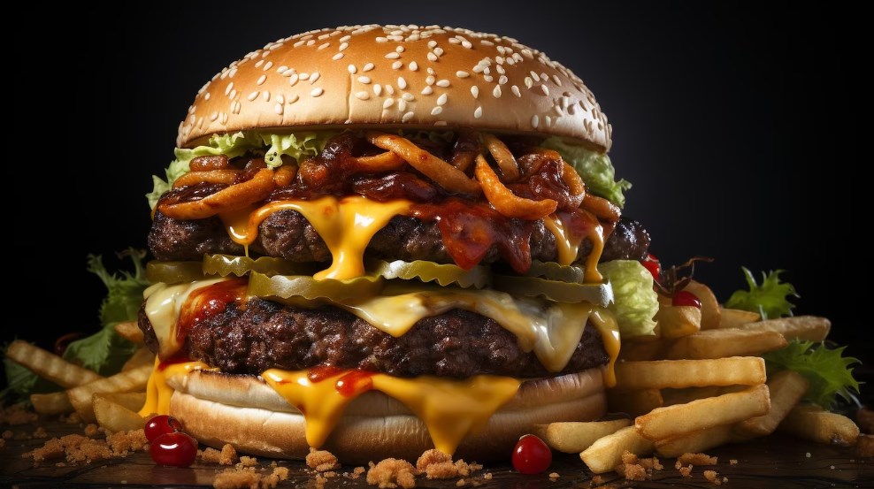 a big grilled burger with french fries on a black background