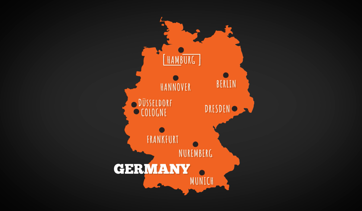 Alt:  A stylized map highlighting major cities in Germany, including Hamburg