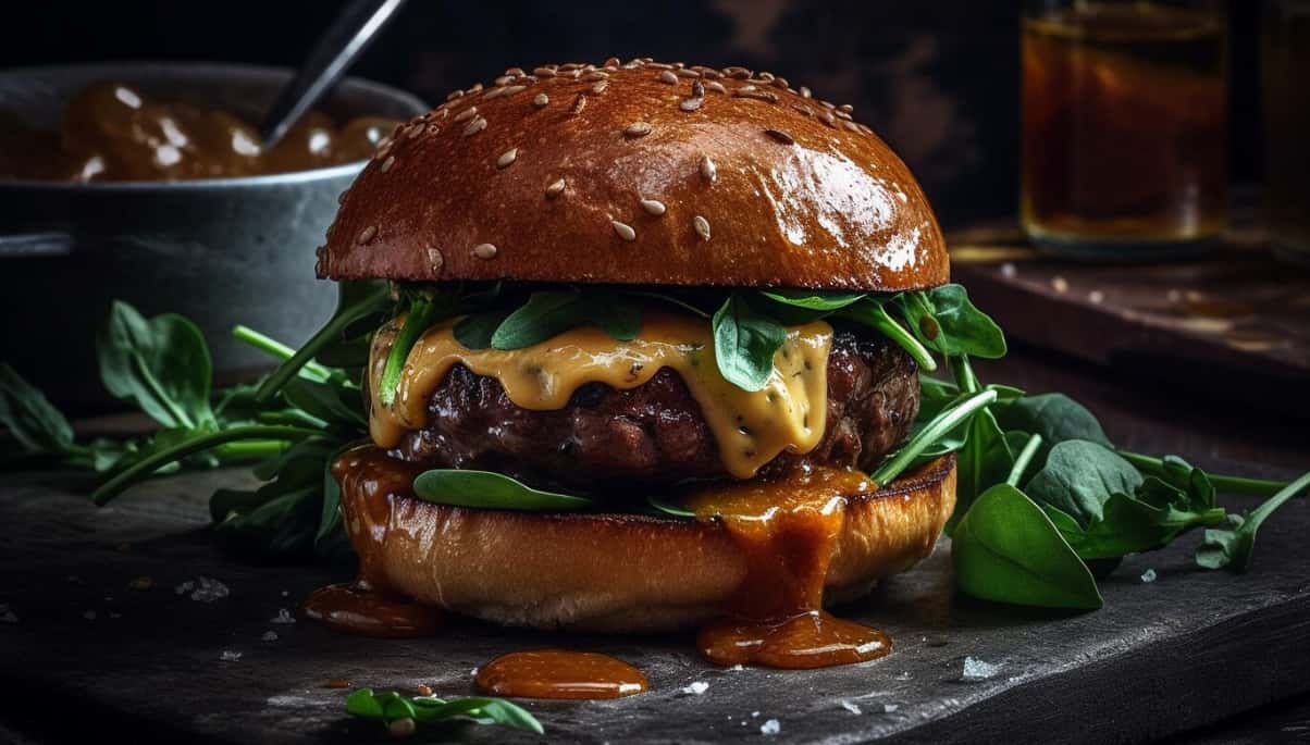 A gourmet burger with cheese and greens on a dark wooden surface