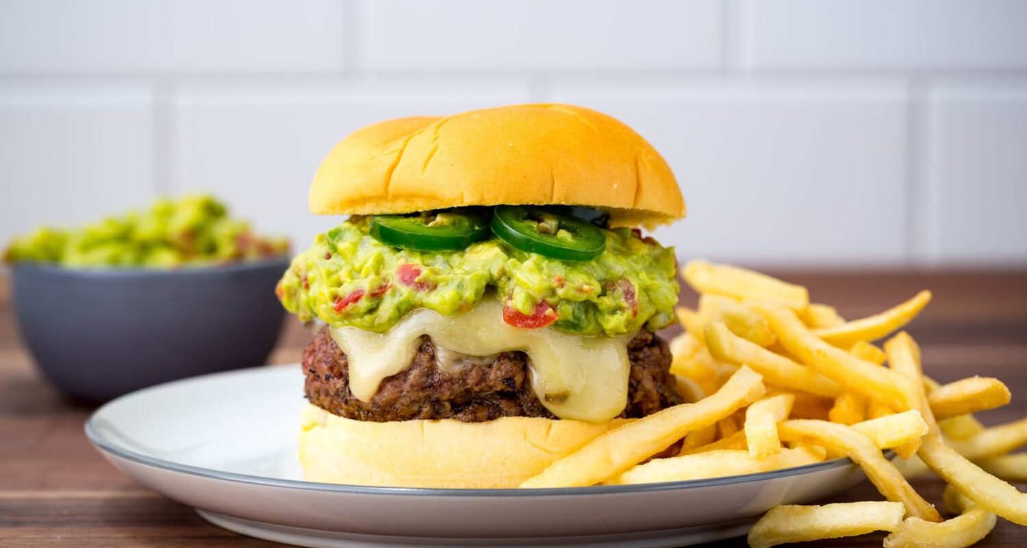 Guacamole burger with potatoes and meat